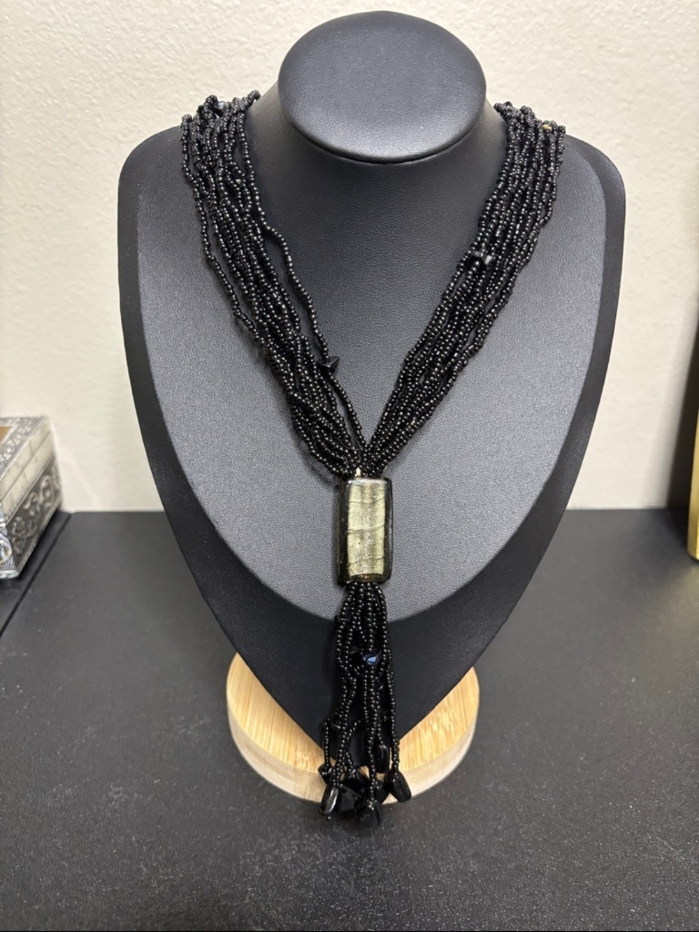Vintage Multi Strands Black Onyx Tassel Pendant Long Necklace Dichroic Glass